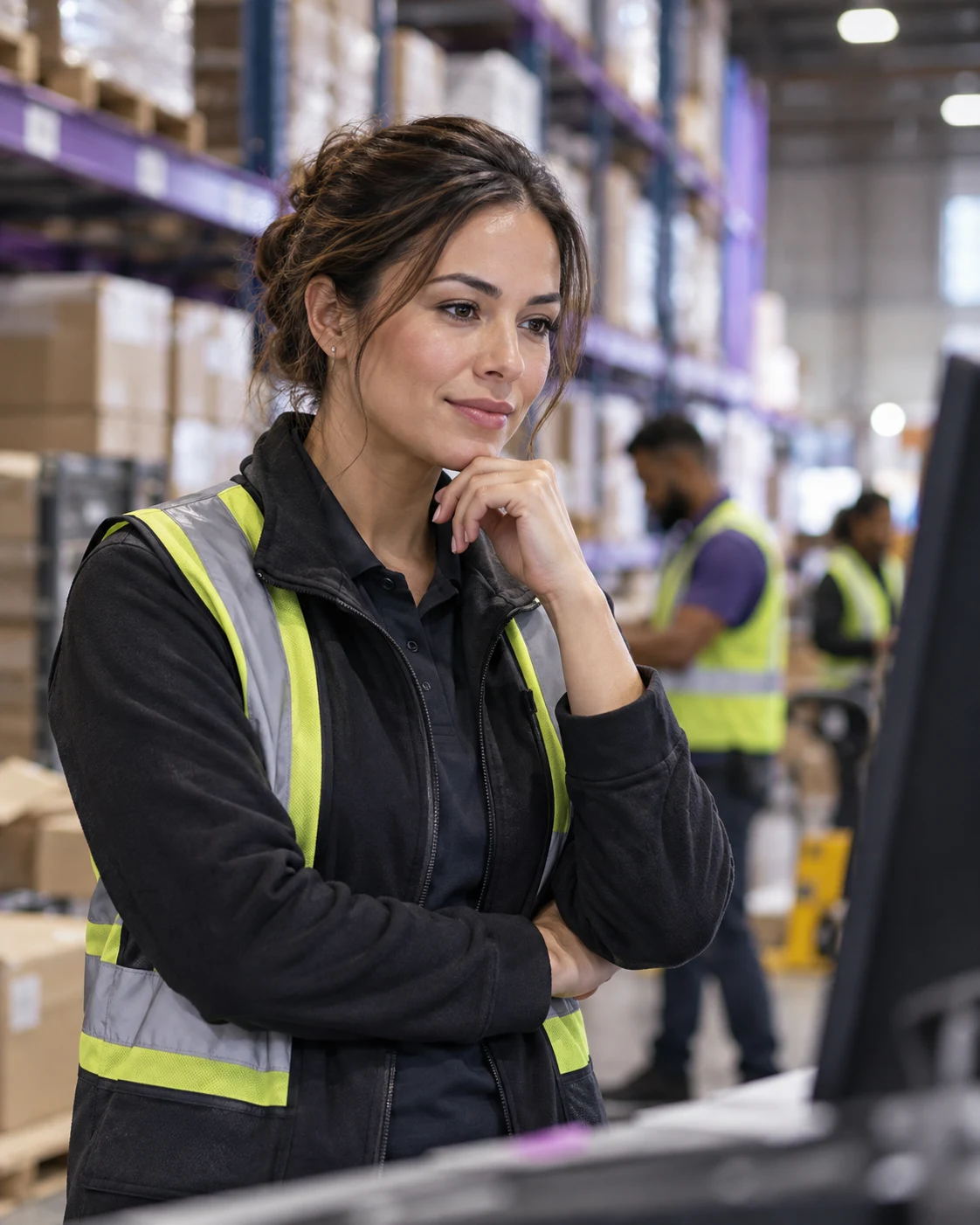 Thoughtful warehouse operations manager reviewing workplace activity