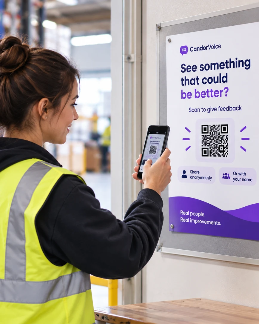 Employee scanning a CandorVoice feedback QR poster at work